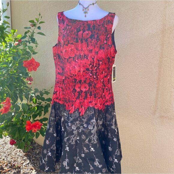 JULIAN TAYLOR SLEEVELESS RED & BLACK SWING SKIRT DRESS 14 NWT - Picture 4 of 16